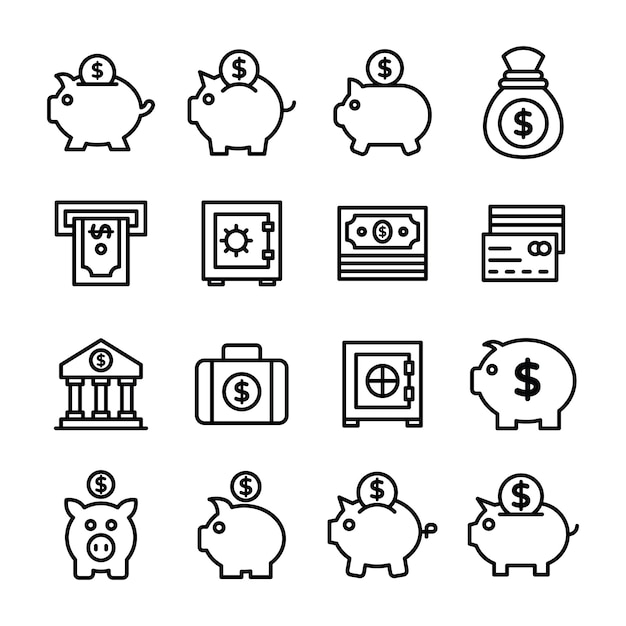 Piggy bank line icons pack