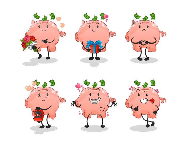 Piggy bank love set character. cartoon mascot vector