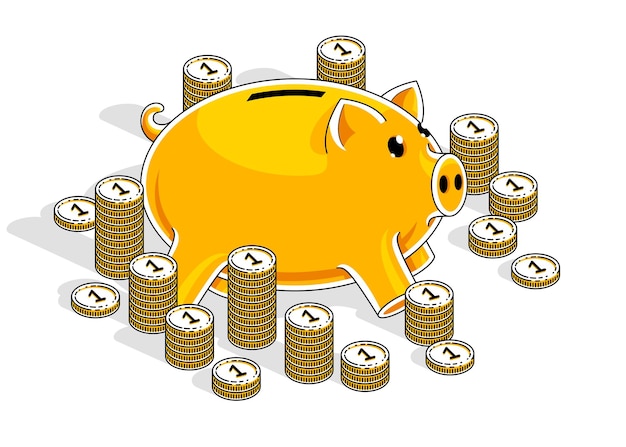 Piggy bank met cent munten stapels geïsoleerd op een witte achtergrond, persoonlijke besparingen en contant geld concept. Vector 3d isometrische zaken en financiën illustratie, dunne lijn ontwerp.