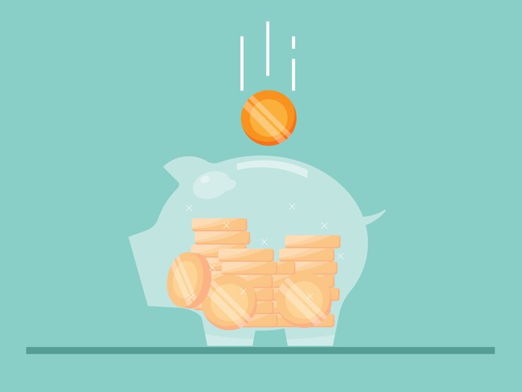 Vector 貯金箱とお金のコインのイラストフラット