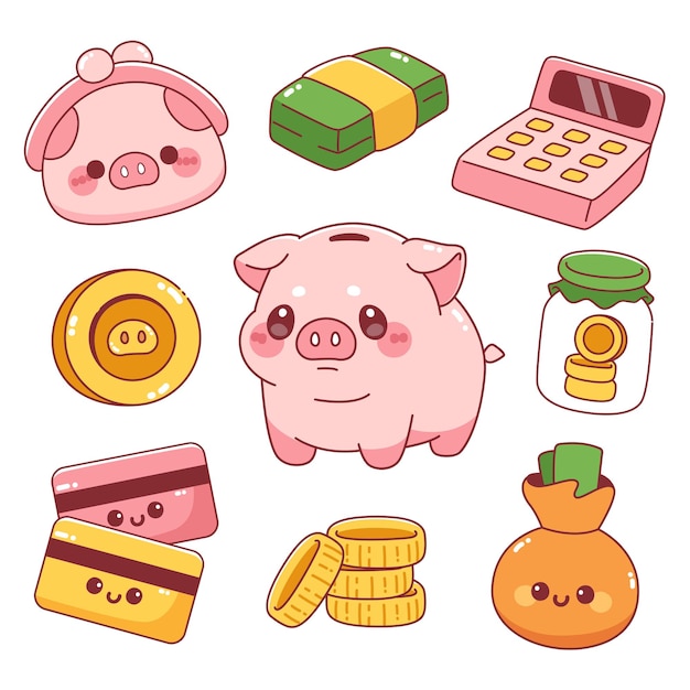 Piggy bank and money elements financial kawaii collection