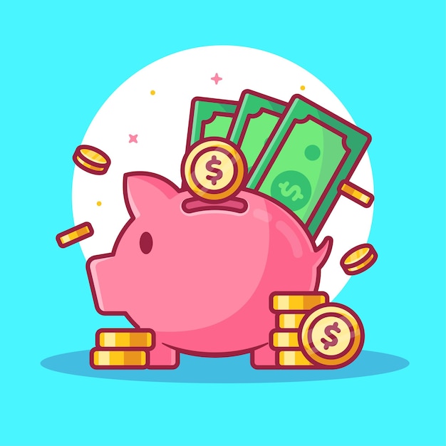 Piggy bank and money illustration isolated finance logo vector icon illustration in flat style