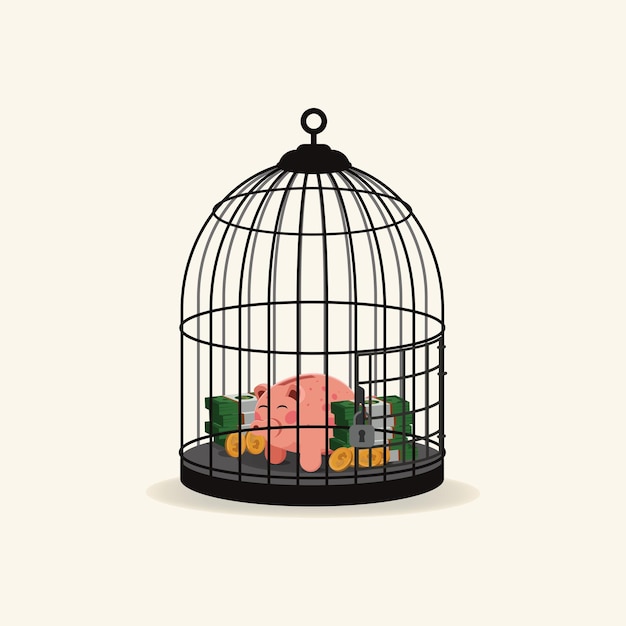 Piggy bank and money inside of birdcage stack of money concept illustration