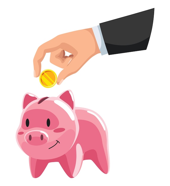 Сбережения в копилке и рука с монетой копилка в виде свиньи и монеты падают концепция краудфандинга и сбережений накопление денег или инвестиций