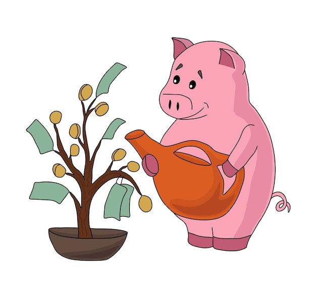 Piggy bank waters a money tree with coins and banknotes from an orange watering can