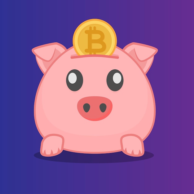 Vettore piggy bank con una moneta bitcoin