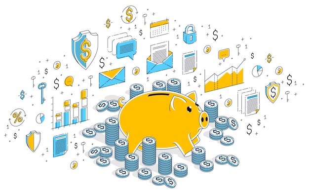 Piggy bank with cash money dollar stacks and coins piles isolated on white, personal savings concept. Isometric 3d vector finance illustration with icons, stats charts and design elements.