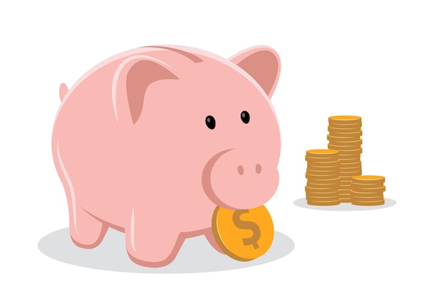 Piggy bank with coin vector illustration. Saving, investing and accumulation money. Pig in a flat style.