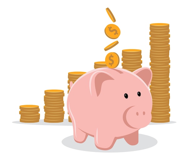 Вектор Копилка с векторной иллюстрацией монет. сбережение, инвестирование и накопление денег. свинья в плоском стиле.