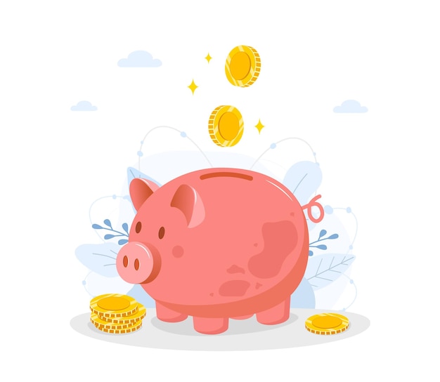 Vector piggy bank with falling coins. save money concept.