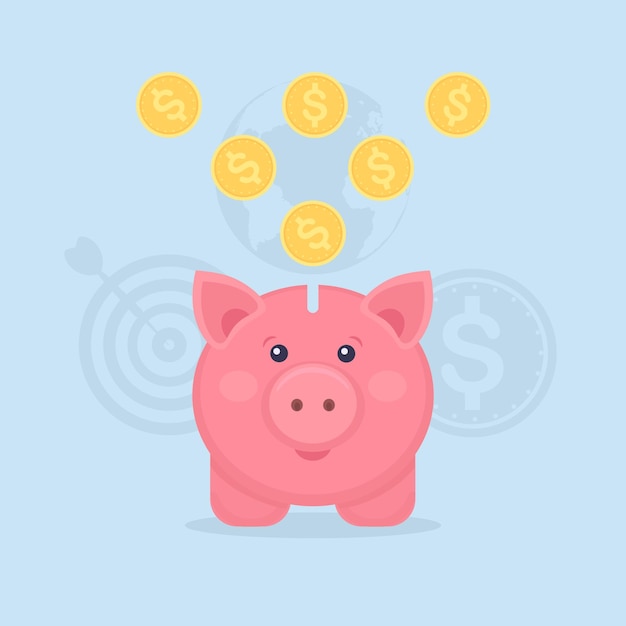 Piggy bank with gold coins isolated on blue