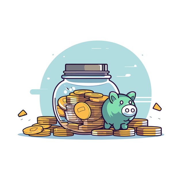 Vector a piggy bank with a jar of gold coins and a piggy bank with a pig in it.