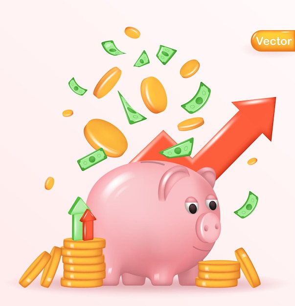 Piggy bank with money creative business concept. realistic 3d design. safe finance investment.