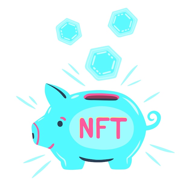 Piggy bank with nft tokens nft and cryptocurrency investment concept