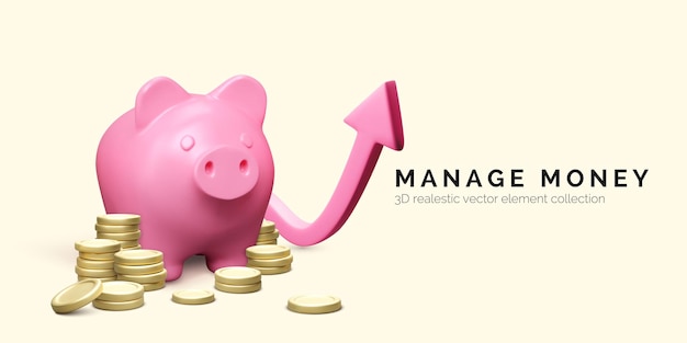 Piggy bank with stack of gold coins and growth up arrow money management 3d realistic pig and money stack finance investment and business concept vector illustration