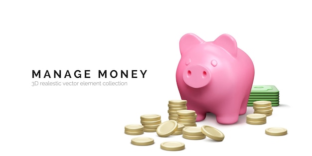 piggy bank with stack of gold coins money savings concept 3d realistic pig and money stack finance investment and business concept vector illustration
