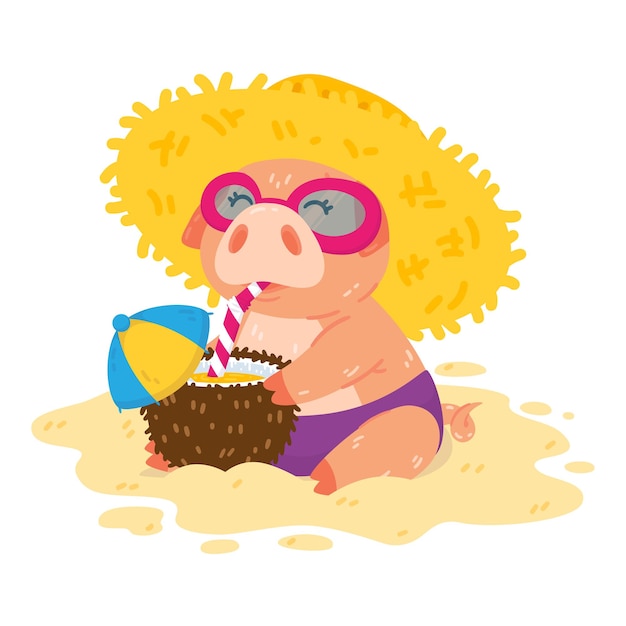 Piglet on the beach in a straw hat sunglasses and cocktail in coconut pig is sitting on the sand