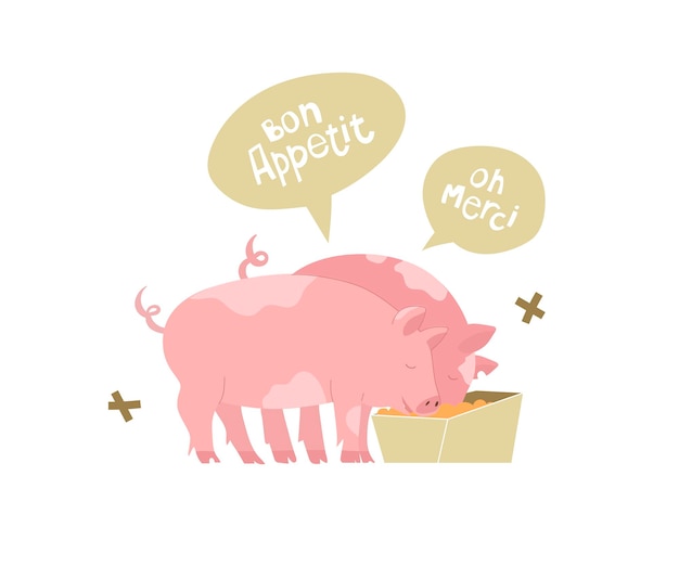 Vector pigs are eating food speech bubbles with quotes bon appetit and oh mercy means thanks farming