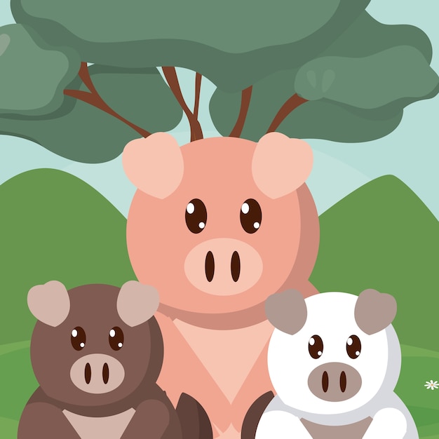 Vector pigs family at forest cute cartoons