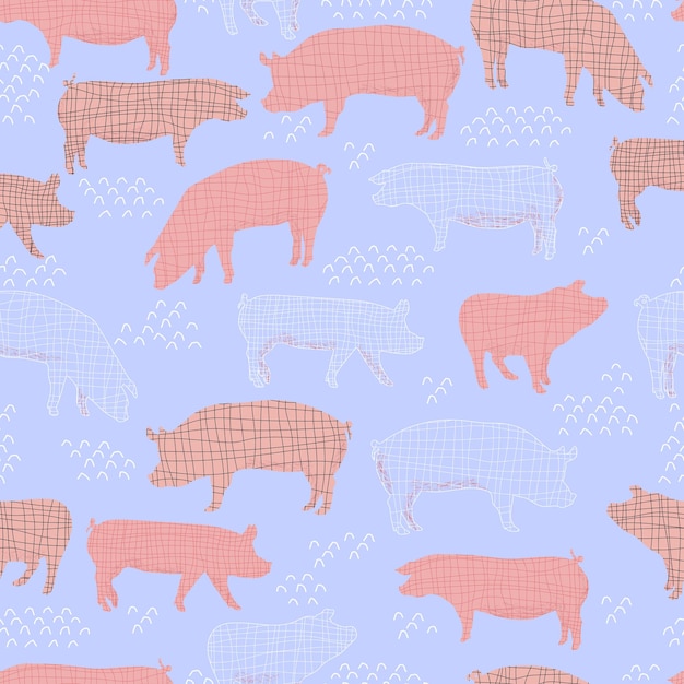 Pigs vector seamless pattern isolated hand drawn illustration silhouettes