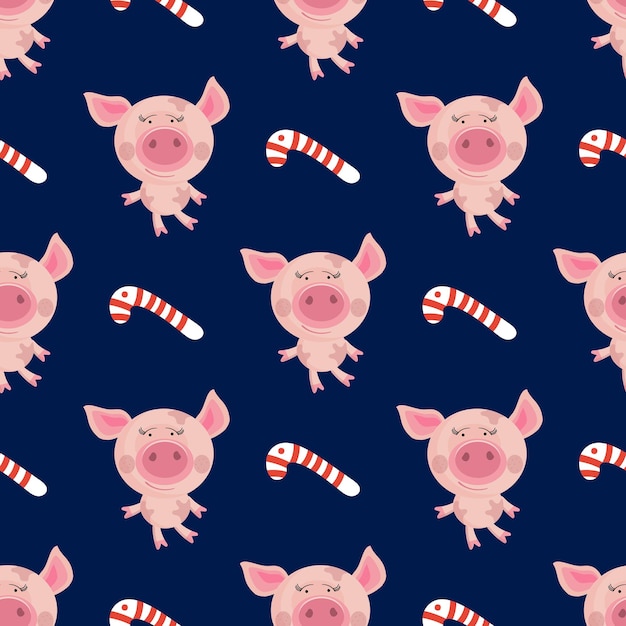 Pigs with lollipops on a dark background pattern