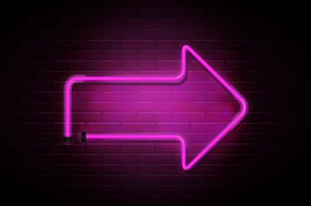 Vector pijl gloeiende neon roze buizen op donkere bakstenen muur.