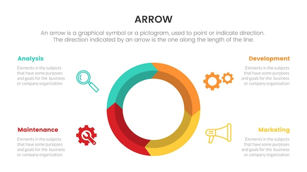 Pijl infographic met cirkel pijlen concept voor diapresentatie met 4-punts lijst en richting van de pijlvorm