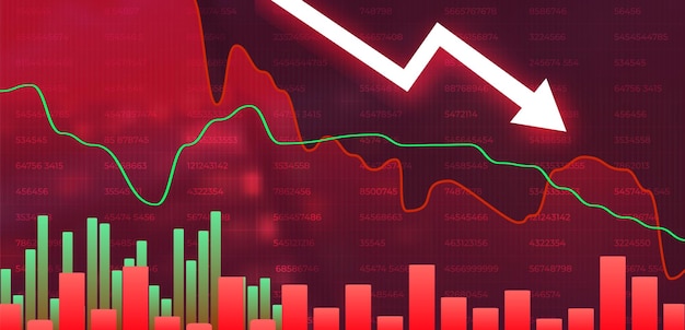 Pijl naar beneden grafiek op rode achtergrond Geld verliezen Stock crisis of financiën concept