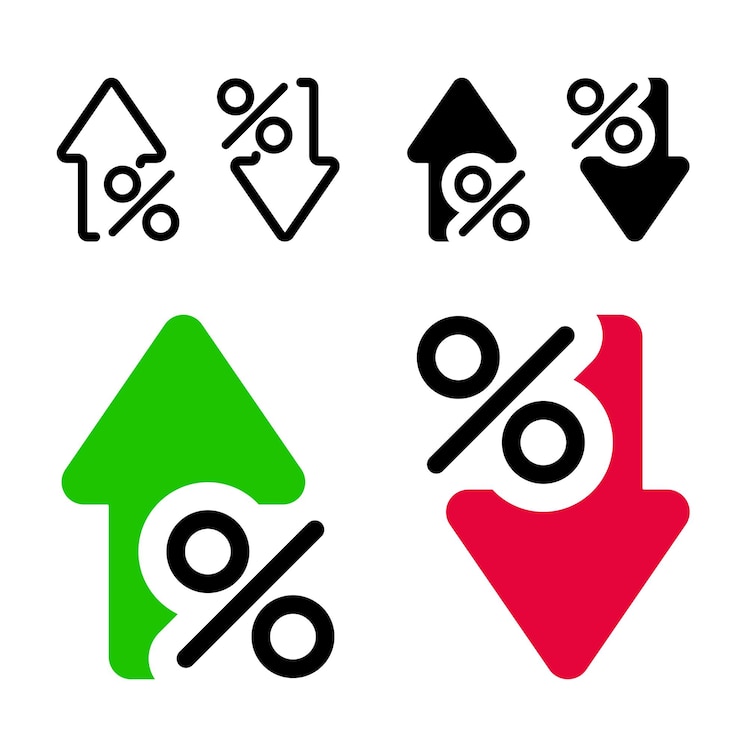 Vector pijl naar boven en naar beneden percentage groei en daling iconen percentage naar boven en neer lijn en vlakke stijl