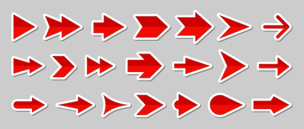 Pijl rood navigatie platte pictogram grote set Cursor eenvoudig teken sticker collectie glanzende volgende knop aanwijzer pictogram richting modern ontwerpelement op grijze achtergrond