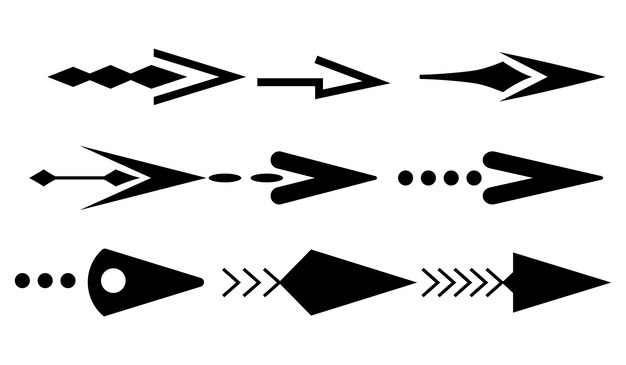 Pijlen collectie in zwarte kleur op witte achtergrond voor web design mobiele apps interface Moderne grafische richting tekenen cursor pictogrammen Vector pijl verschillende vormen in moderne eenvoudige vlakke stijl