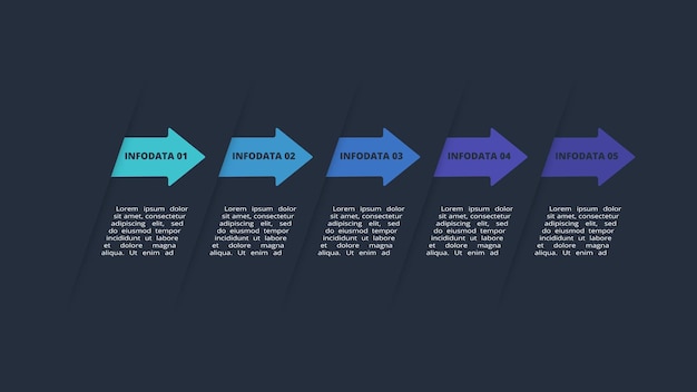 Pijlen donker infographic met 5 elementen sjabloon voor web op een zwarte achtergrond zakelijke presentatie Vector