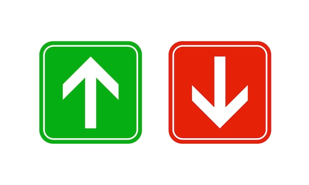 Pijlen. Groene en rode tekenknop. OMHOOG en OMLAAG icoon. of links en rechts richtingaanwijzer Vector