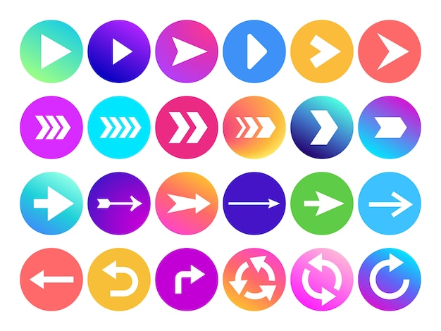 Pijlen in cirkelpictogram. Website navigatie pijlknop, kleurrijk verloop ronde terug of volgende teken en web pijlpunt pictogrammen