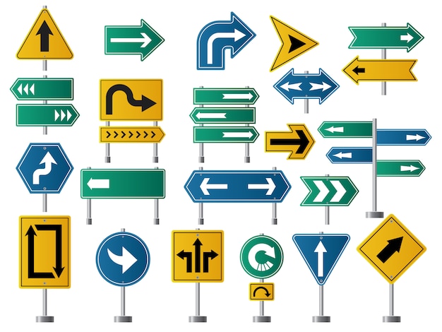 Pijlen richting. verkeerstekens voor straat- of snelwegverkeer navigatiebeelden van pijlen