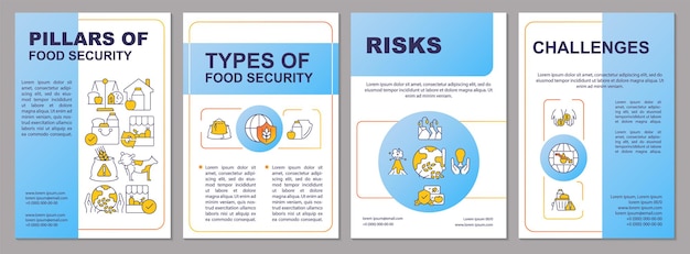 Pijlers van voedselzekerheid blauwe brochure sjabloon Risico's en uitdagingen Folderontwerp met lineaire pictogrammen 4 vectorlay-outs voor presentatie jaarverslagen ArialBlack Myriad ProRegular gebruikte lettertypen
