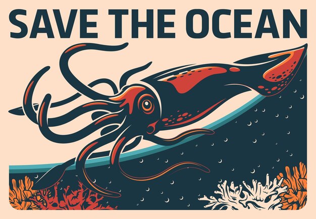 Vector pijlinktvisdier in oceaanwater retro vectoraffiche