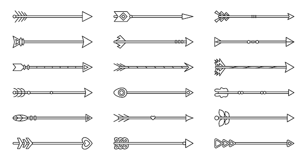 Vector pijllijn set met veer boho aragon tribal oude indiase stijl apparatuur voor middeleeuwse strijd