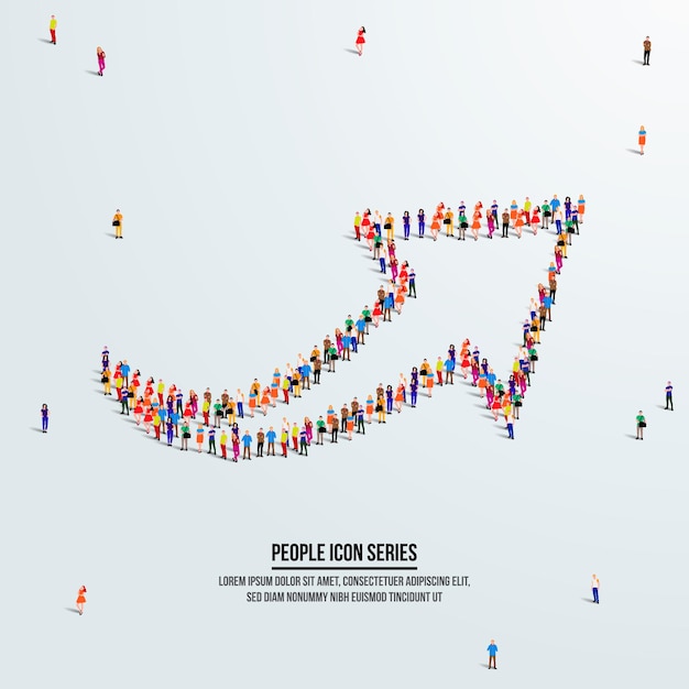 Pijlpictogram of concept. grote groep mensen vormen om vormpijl te maken. Voorwaartse of zakelijke groei