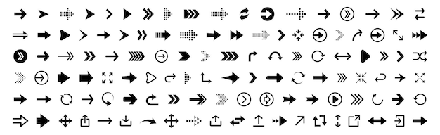 Pijlpictogram Pijlpictogrammen set Zwarte vectorpijlen verzameling Cursor vectorpijlpictogram verzameling verschillende pijlen op platte stijl voor webontwerp of interface Richtingssymbolen Vectorillustratie