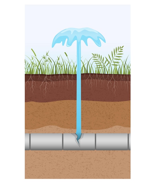 Pijpleidingbreuk in grondwaterleiding of rioolongeval met waterfontein Pijpleiding in ondergronds met grondlagen in sectie Riolering Land in de sectie Vectorillustratie voor onderwijs