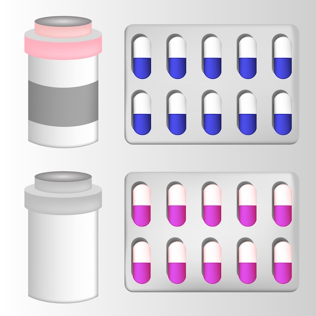 Pil blister glazen fles met vloeibare geneeskunde & plastic dop, medische en supplementen realistische 3d-vector