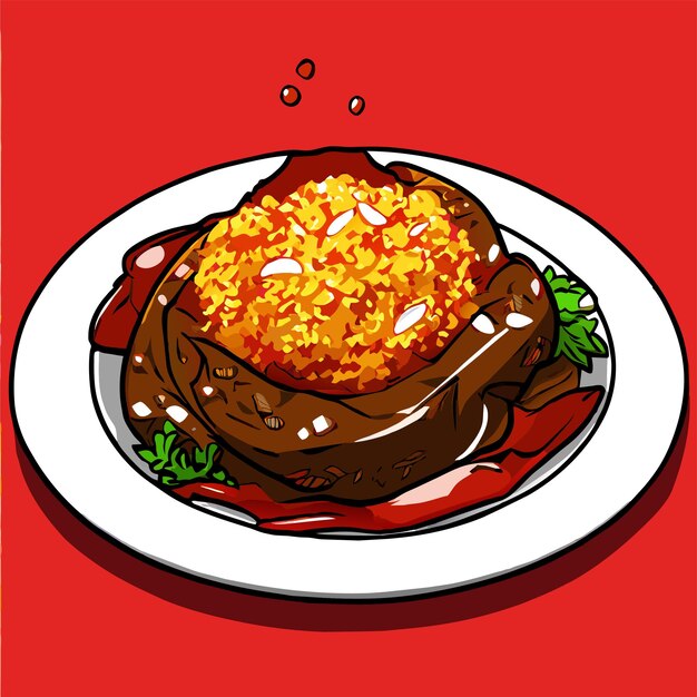 Vector pilaf with stewed beef meat on a plate vector illustration