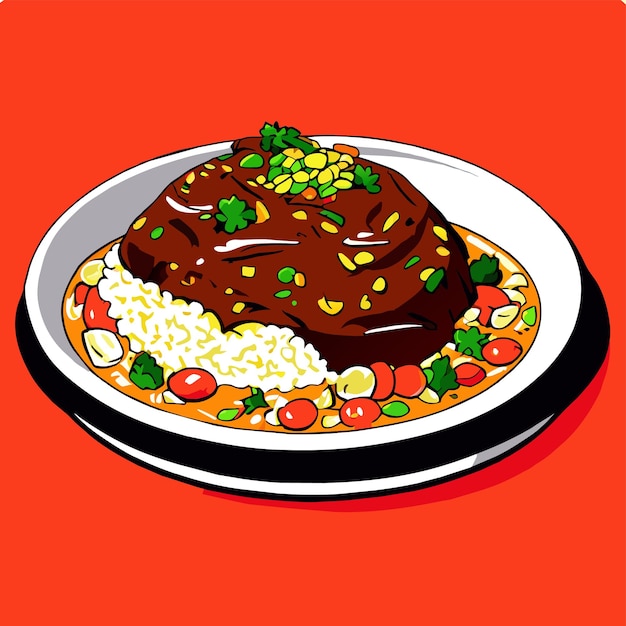 pilaf with stewed beef meat on a plate vector illustration