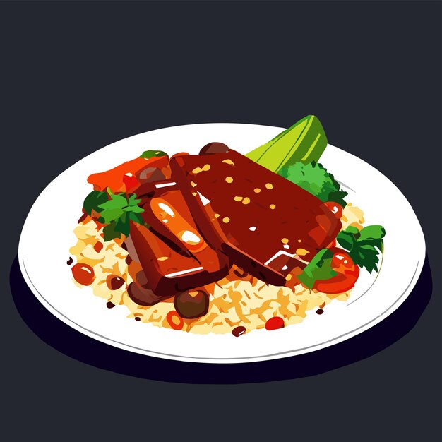 Vector pilaf with stewed beef meat on a plate vector illustration