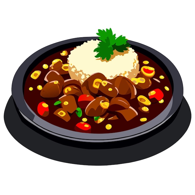 Vector pilaf with stewed beef meat on a plate vector illustration