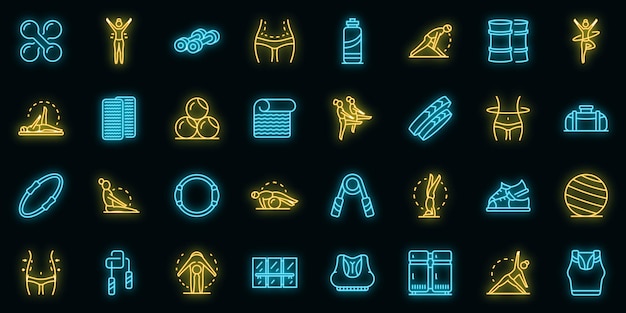 Pilates icons set vector neon