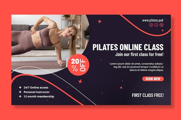 Modello di banner orizzontale di classe online di pilates