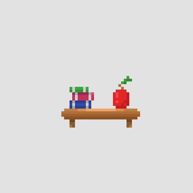 pile of book and red apple in wall shelf with pixel art style