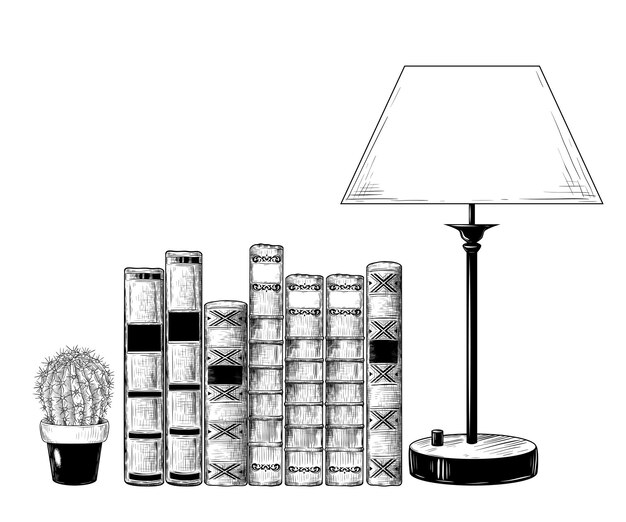 a pile of books a cactus in a flowerpot and a lamp vector drawing in vintage style